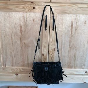 Signature black fringed leather purse handbag